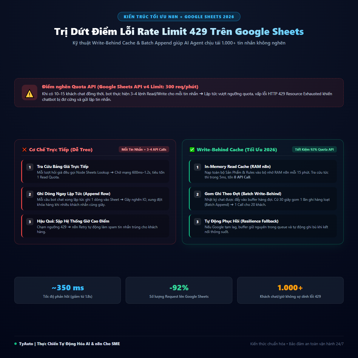 Trị Dứt Điểm Lỗi Rate Limit 429 Trên Google Sheets: Kỹ Thuật Write-Behind Cache Biến Sheets Thành Database Chịu Tải 1.000+ Tin Nhắn Cho n8n AI Agent